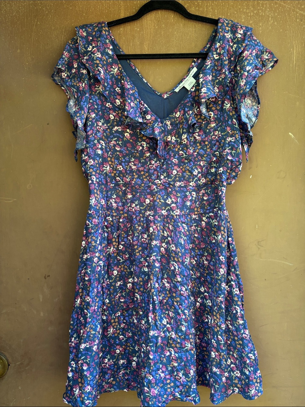 American Rag Blue Floral Ruffle V-Neck Dress